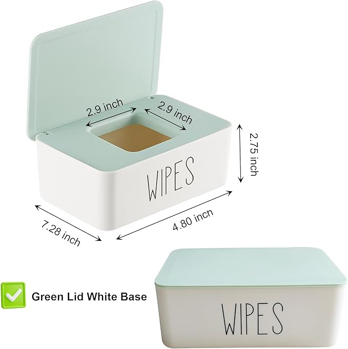 2 Pack Baby Wipes Container, 7.28" L * 4.80" W * 2.75" H, Moorfowl Flushable Wipes Dispenser Holder for Bathroom Baby Essentials, Green Lid White Base