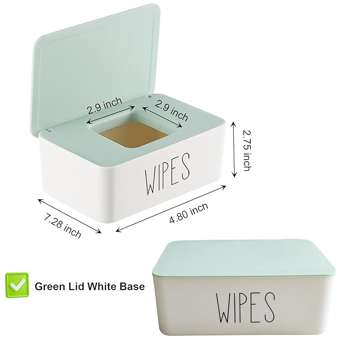 Baby Wipes Container, 7.28" L * 4.80" W * 2.75" H, Moorfowl Flushable Wipes Dispenser Holder for Bathroom Baby Essentials, Green Lid White Base