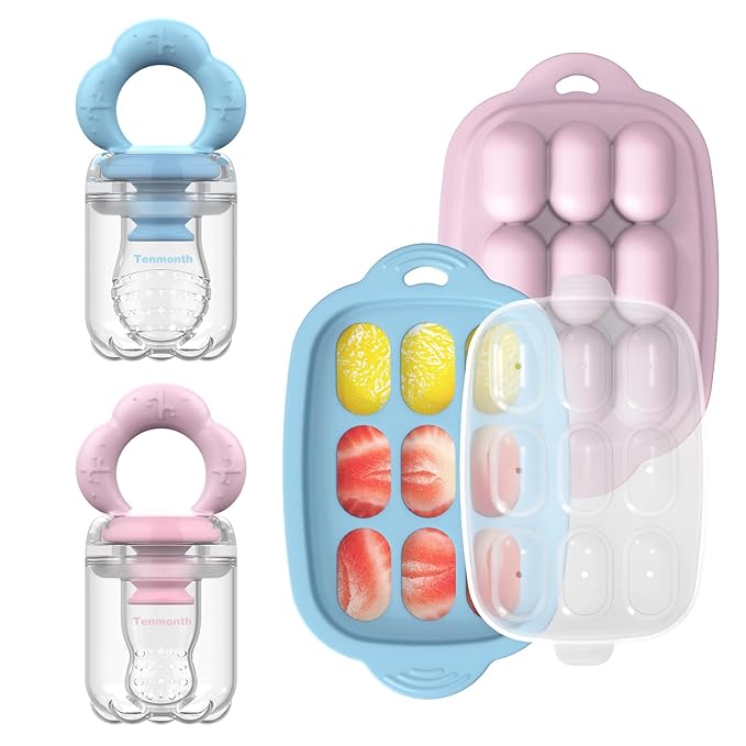 Baby Fruit Food Feeder Breastmilk Popsicle Molds with Freezer Tray, Tenmonth Silicone Baby Feeder for Safe Infant Self Feeding 2 Pack, BPA Free