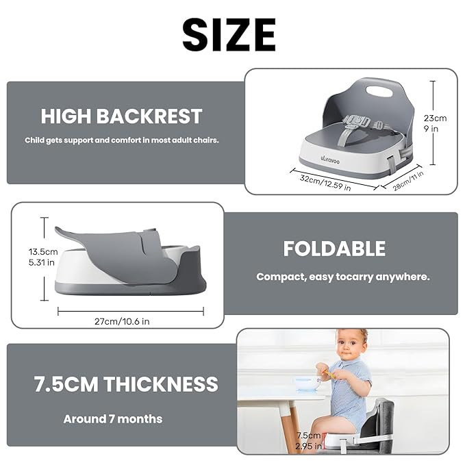 UBRAVOO Baby Booster Seats, Portable High Chairs for Babies and Toddlers, HighChair for Baby from 6 Months to 3 Years, Sitting Up to 15 kg (Grey)