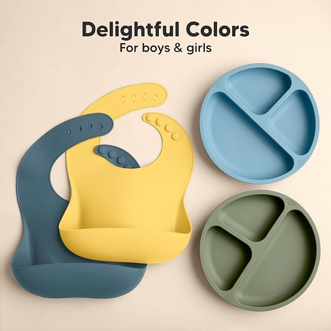 KeaBabies 2-Pack Silicone Bibs for Babies, Toddlers Girl, Boy – Sturdy Food-Grade Baby Bibs for Eating, Large Food Catcher, Clean & Put On Easily, Waterproof Toddler Feeding Essentials (Valiant)