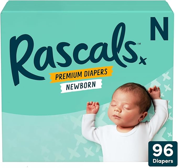 Rascals Premium Disposable Baby Diapers Newborn - 96 Count with 5 Sensitive Infant Wipes, Absorbent Core, Up to 12 Hours Protection, Gentle on Skin, Secure Fit