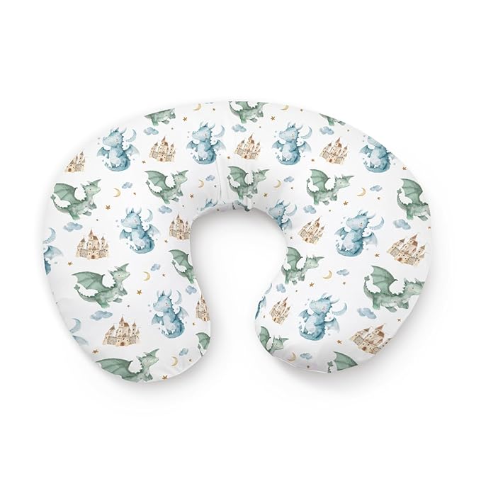 Cartoon Dragon Pattern Nursing Pillow Cover, Unisex Cloud Star Moon Castle Removable Breastfeeding Pillowcase Slipcover for Baby Girls Boys Newborns Toddlers, Cover Only