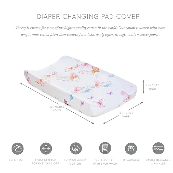 Oilo Changing Pad Cover, Breathable Organic Cotton Fitted Jersey, 300 Thread Count, Machine Washable, Fits Standard Changing Pads (32" x 16"), Girl, Boy, & Neutral Nursery Design, Butterfly