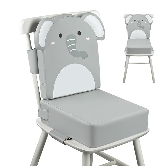Toddler Booster Seat for Dining Table with Backrest, 4inch Non-Slip Kids Booster Seat for Kitchen Chair, PU Waterproof Detachable Increasing Cushion (Gray Elephant)