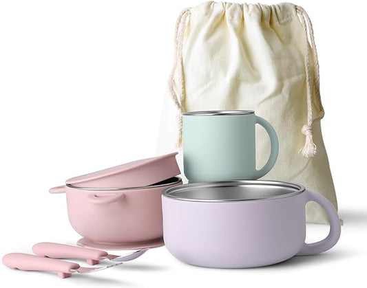 Bakpoco Kids Dinnerware Set - 6 Piese Toddler Plates and Suction Bowls Set with Kids Utensils&Cup, 2 IN 1 Stainless Steel & Silicone Baby Self Feeding Supplies, Lilac& Blush&Sage
