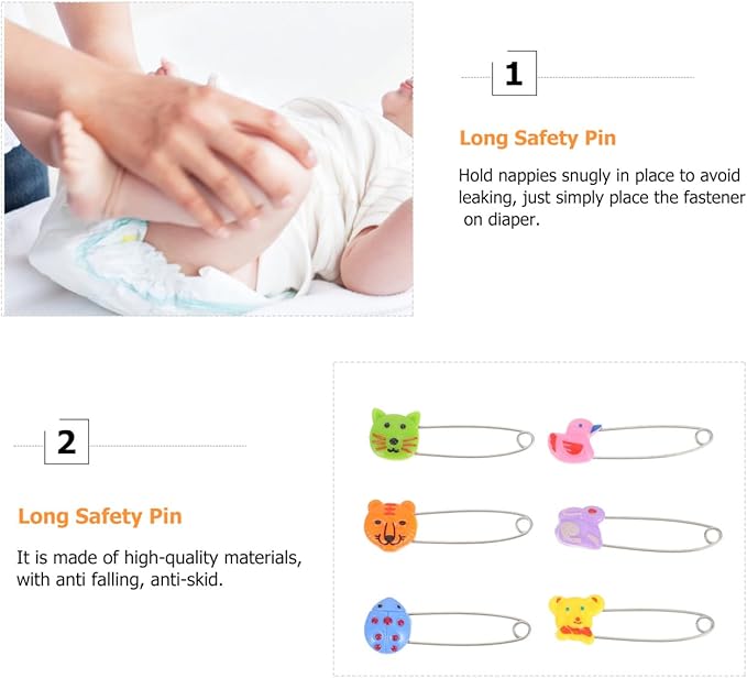 Baby Diaper Pins for Cloth Diapers 2.16 Inch Long Safety Pins with Plastic Head Adjustable Animal Design Fasteners for Newborns and Toddlers Secure Diaper Holders