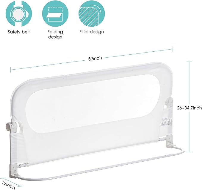 NUTIKAS Baby Bed Rail Guard for Toddlers -59" Toddler Bed Rails for Twin, Full, Queen, King Bunk Size Bed Swing Down Bedrail Extral Tall Child Safety Side Railing Guards for Kids White