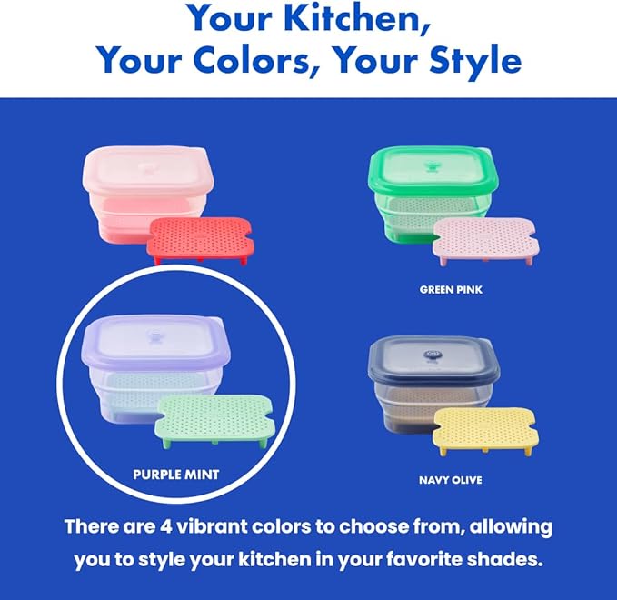 PushLock Collapsible Food Storage Container&Smart Cooking Steam Tray, Space-Saving, Platinum Silicone, Microwave&Freezer&Dishwasher Safe, for Cooking&Leftovers, BPA-Free, 60oz per Unit (PURPLE&MINT)