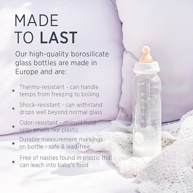 HEVEA Standard Neck Glass Baby Bottles - Natural Rubber Medium Flow Nipples - Anti Colic Baby Bottles for Breastfeeding Babies - Newborn 0+ Months - BPA-Free, Two-Pack (4 Oz)