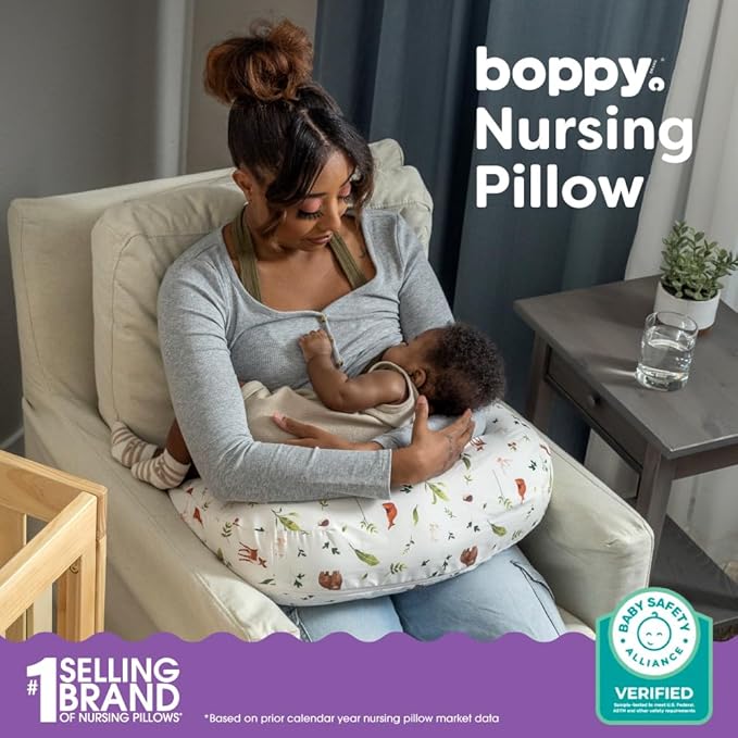Boppy Nursing Pillow - Firm, Ergonomic U-Shaped Bottle and Breastfeeding Pillow with High Lift for Comfort and Support, Spacious Surface - Neutral Plants and Animals