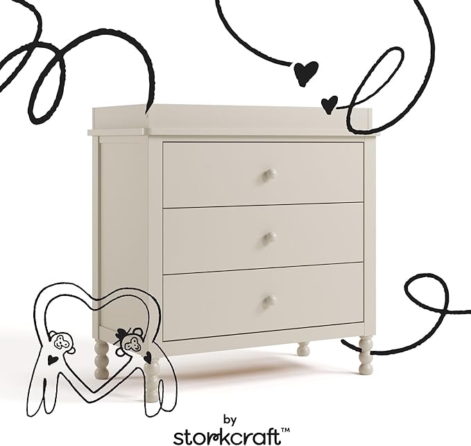 Storkcraft Rio 3 Drawer Chest with Changing Topper (Frosted Oat) – GREENGUARD Gold Certified, Premium Wood Dresser for Baby & Kids Bedroom, Safety Interlocking Drawers, Pre-Installed Tracks