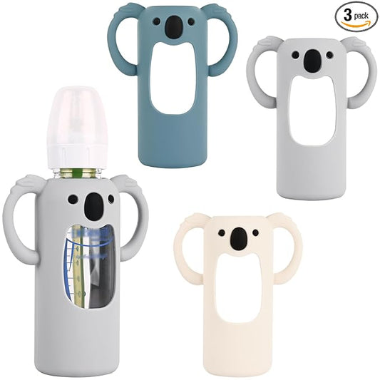 HUAKENER 3 Pack Silicone Sleeves with Handles for Dr Brown's Glass Baby Bottles 8 oz, Anti Breakage Baby Bottle Holder, Compatible with Dr. Brown's Natural Narrow Glass Baby Bottles