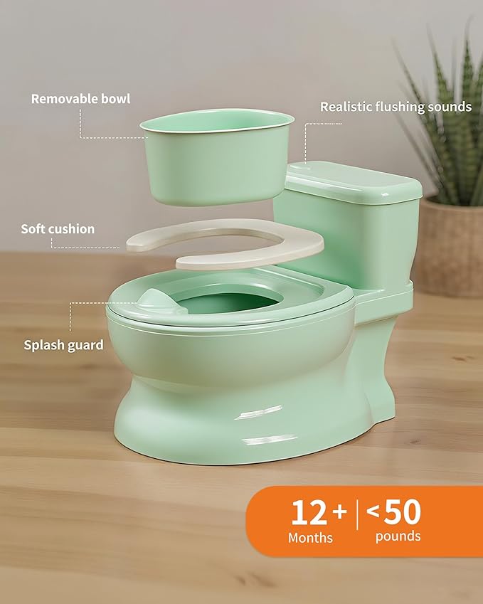 Realistic Potty Training Toilet - Flushing Sounds, Wipes Storage, Disposable Liners, Easy to Clean for Toddler Boys and Girls (Green)