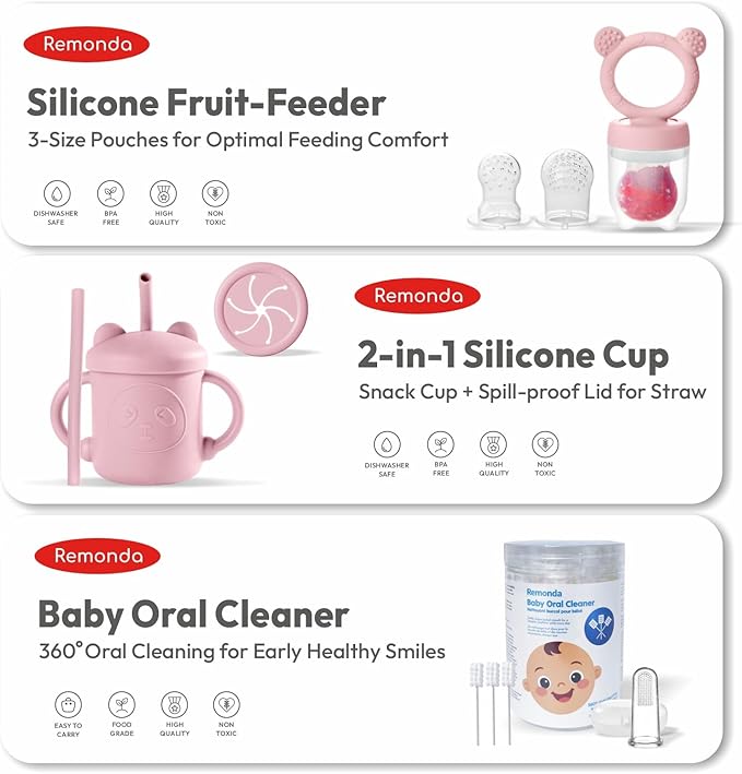 Remonda 23-Piece BPA-Free Silicone Baby Feeding Set | Extra Large Suction Plates, Toddler Bowls, Self Feeding Spoons, and More | Dishwasher Safe| Baby Led Weaning Supplies (Pink)