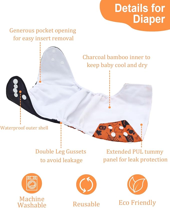 babygoal Halloween Cloth Diaper with Insert for Baby Boys and Girls 8-35lbs, Reusable Adjustable and Washable Nappy