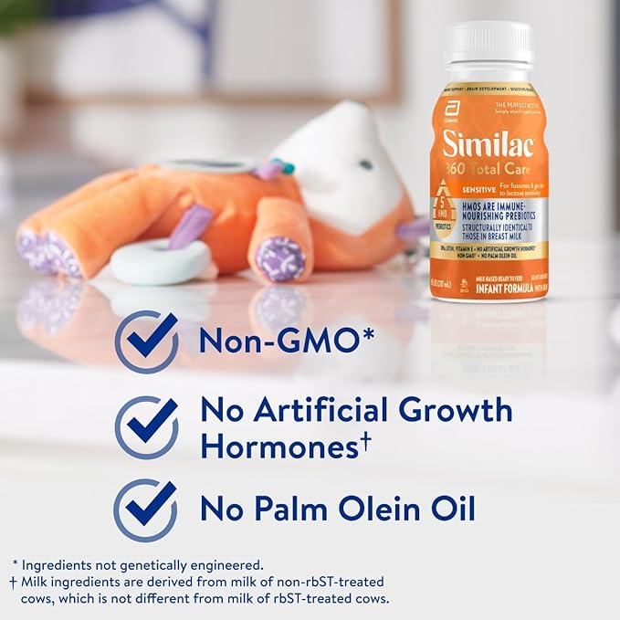 Similac 360 Total Care Sensitive Infant Formula for Fussiness & Gas Due to Lactose Sensitivity, Has 5 HMO Prebiotics, Liquid Baby Formula, Ready to Feed, 8-fl-oz Bottle, Pack of 24