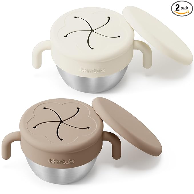 Fimibuke Snack Containers for Toddlers Kids, 12 OZ Spill Proof Stainless Steel Baby Snack Cups with Removable Silicone Food Catcher, Handles & Travel Lid BPA-Free Dishwasher Safe Food Container 2 Pack