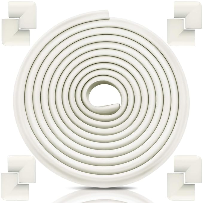 Baby Proofing Edge Corner Protector, Table Bumper Guard, Soft Rubber Foam Guard, 3M Pre-Taped Corners, 20.5 ft (18.1ft Edge + 8 Corners) Baby Proof Corner Guard Heavy-Duty (18.1ft, Cream White)