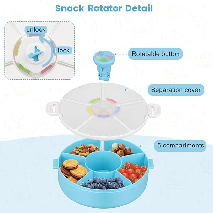 Pawtong Snack Rotator Container Reusable Snack Box with 5 Compartment Dispenser and Lid, Color Matching Opening Lid, BPA and PVC Free, for Home, School, Travel (2 Pack- Blue)