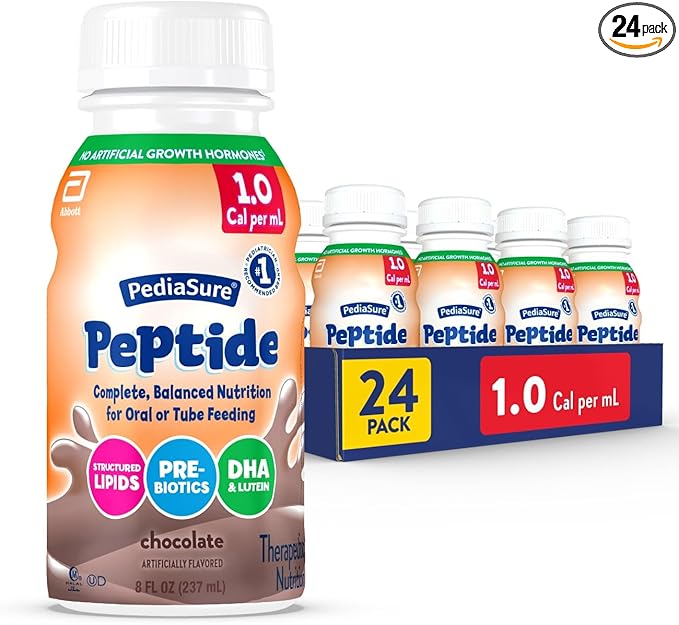 PediaSure Peptide 1.0 Cal,24 Count,Complete,Balanced Nutrition for Kids with GI Conditions,Peptide-Based Formula,with 7g Protein and Prebiotics,for Oral or Tube Feeding,Chocolate,8-fl-oz Bottle