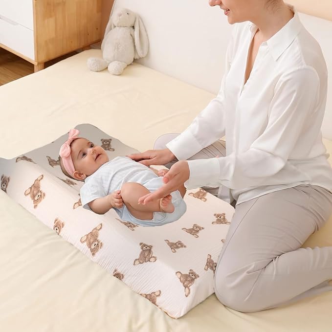 Little Jump Muslin Changing Pad Cover for Baby Girls Boys, 100% Cotton Soft Breathable Changing Table Covers, Baby Diaper Change Table Pad Cover, 2 Pack (Teddy Bears & Khaki)
