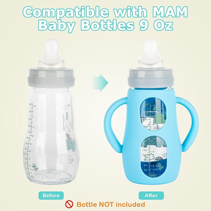 Silicone Sleeves with Handles for Mam Glass Baby Bottles 9oz,Anti Breakage Baby Bottle Holder with Handles 3 Pack