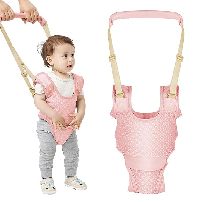 Baby Walking Harness, Handheld Kids Walker Helper with Detachable Crotch Adjustable Walker Harness Assistant Belt Baby Learning Walk Toddler Infant Walker 9-24 Months (Breathable Pink)