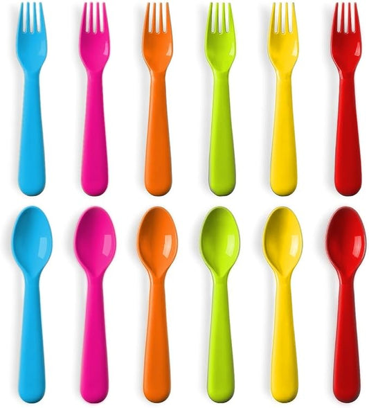 PLASKIDY Plastic Toddler Utensils Set of 12 Kids Utensils Forks and Spoons - BPA FREE/Dishwasher Safe Toddlers Silverware Set Brightly Colored Children's Safe Flatware Cutlery Set