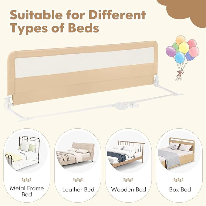 Costzon Bed Rail for Toddlers, 2 PCS Extra Long Swing Down Safety Bed Guards w/Straps for Convertible Crib, Kids Twin, Double, Full Size, Queen & King Bed, Folding Bed Rails for Baby (71-Inch, Beige)