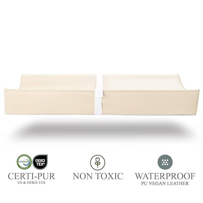Vegan Leather Contoured Baby Changing Pad | Waterproof & Wipe-Clean PU Leather Diaper Change Mat, Soft, Wipeable Cover, Safety Strap, Non-Slip Bottom, Topper for Standard Infant Diaper Table & Dresser