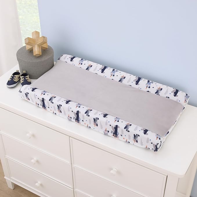 Little Love by NoJo Soar High Lil One Contoured Changing Pad Cover with Airplane Pattern - Soft Plush Center Panel for Baby Comfort - 16" x 32" x 6" - Gray, Navy, Light Blue, and White