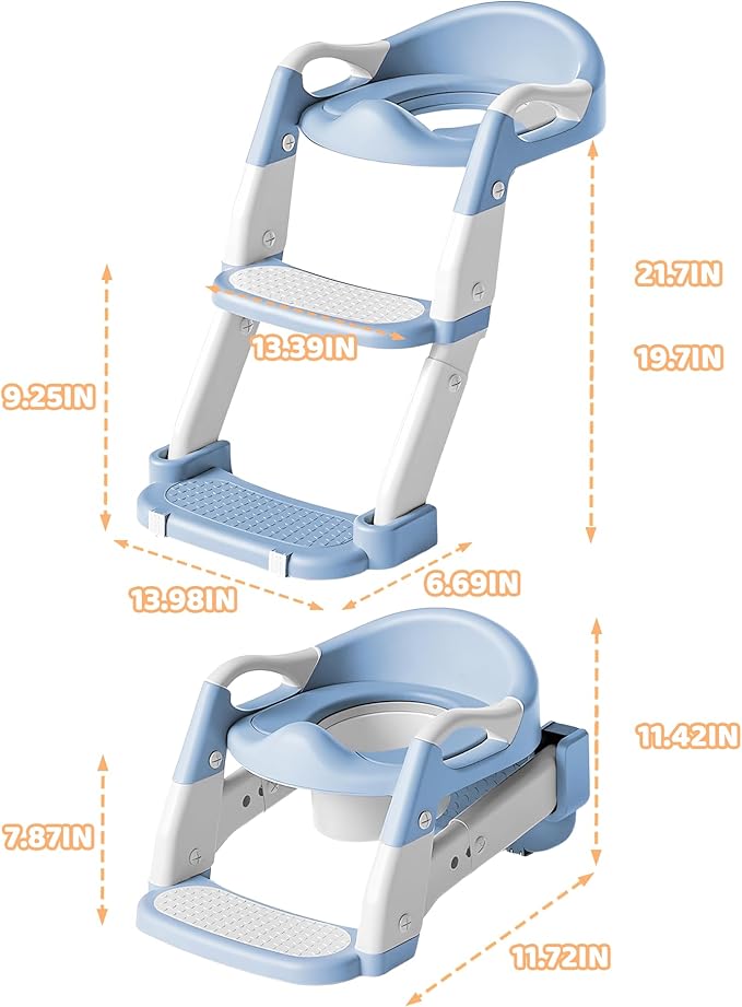 3-in-1 Potty Training Seat & Training Toilet & Potty Chair, Height AdjustableToddler Toilet Seat for Kids, Foldable Potty Training Toilet with Splash Guard & Anti-Slip Steps (Blue)