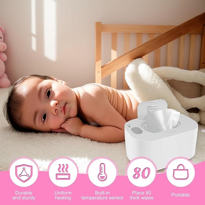 Portable Baby Wipe Warmer，Wipe Warmer and Baby Wet Wipes Dispenser to Even Heating, Wipe Heater with Temperature Display, Diaper Wipe Warmers for Home Car Travel Newborn Baby (White)