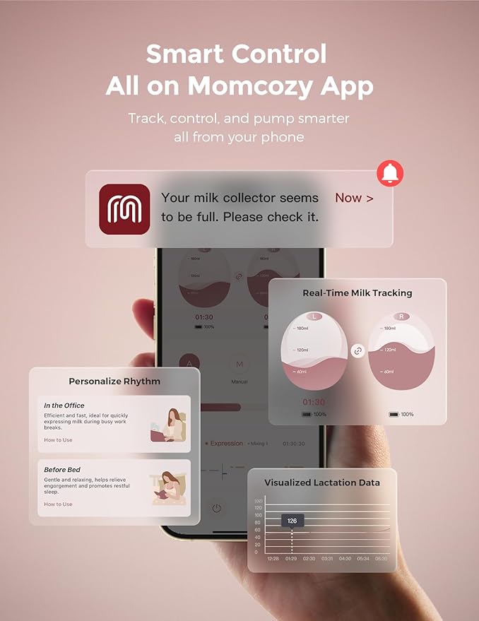 Momcozy Air 1 Wearable Breast Pump, Ultra-Slim Hands-Free Breast Pump with Wireless Charging Case, Top-View Visible, App Control, Auto Mode Switching, Milk Tracking & Full-Collector Alerts, 6oz