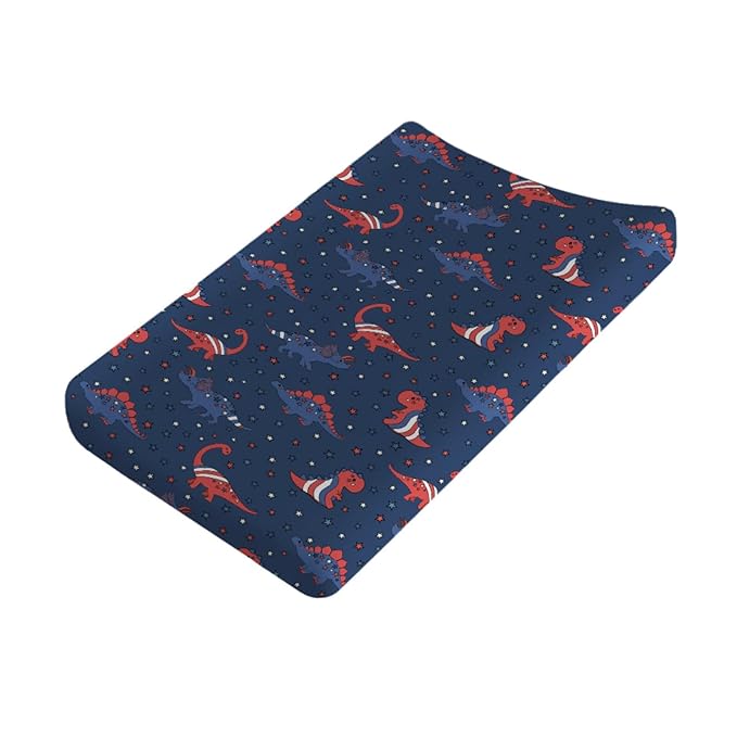Patriotic Dinosaurs Baby Changing Pad Covers for Boy Girl 32''x16'' Cartoon Dinosaur American Flag Stars Unisex Fitted Diaper Changing Table Sheets Comfort Soft Breathable Baby Changing Table Mats