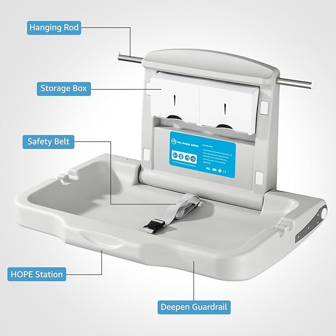 Commercial Baby Changing Station Wall-Mount: Modunful Foldable Diaper Changing Table with Safety Straps for Home/Restaurants/Hotels/Schools/Airports