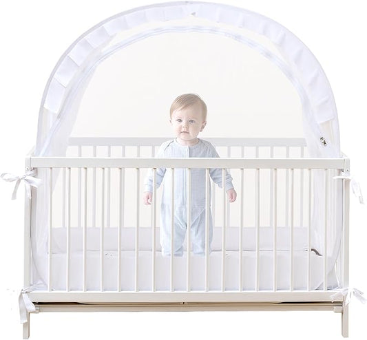 Lazyzzzz Crib Tent - Pop Up Crib Canopy with Double Zipper Self-Locked,1200 Holes/Inch Mesh Crib Net to Keep from Climbing Out, Portable Easy Install Mosquito Net 55" L x 27" W x 51" H White