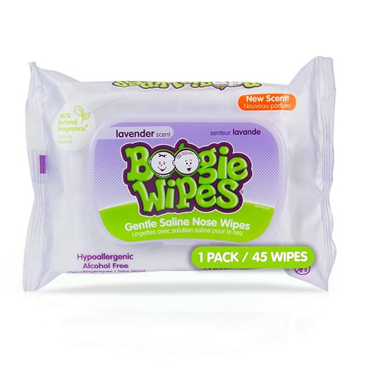 Saline Nose Wipes by Boogie, for Baby & Kids, Face, Hand & Body, FSA/HSA Eligible, Made with Vitamin E, Aloe, and Natural Saline, Lavender Scent, 45 Count (Pack of 1)