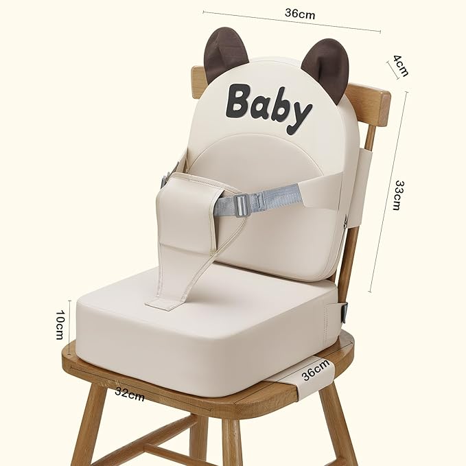 Booster Seat for Dining Table, Toddler Booster Seat for Dining Table, Kids Boys Girls Portable PU Waterproof Travel Baby Boosters Increasing Cushion with Backrest and Adjustable Strap (White, Onesize)