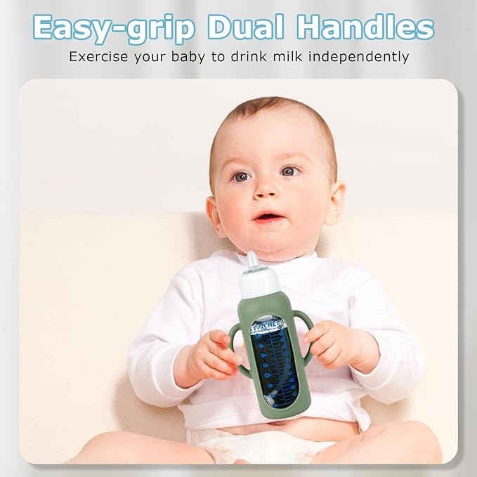 Dr. Brown's Sippy Straw Cup Conversion Kit with Silicone Sleeves for Narrow Glass Baby Bottle 8oz, Weighted Straw Replacement Kit with Soft Sippy Spout and Handle, 6m+, Set of 3