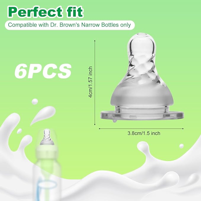 6pcs Silicone Level 1 Nipple for Dr. Brown’s Bottles, 1.5 Inch Preemie Slow Flow Narrow Transitional Size 1 Nipple Sippy Straw Spout Replacement Accessories Compatible with Dr. Brown’s Bottle