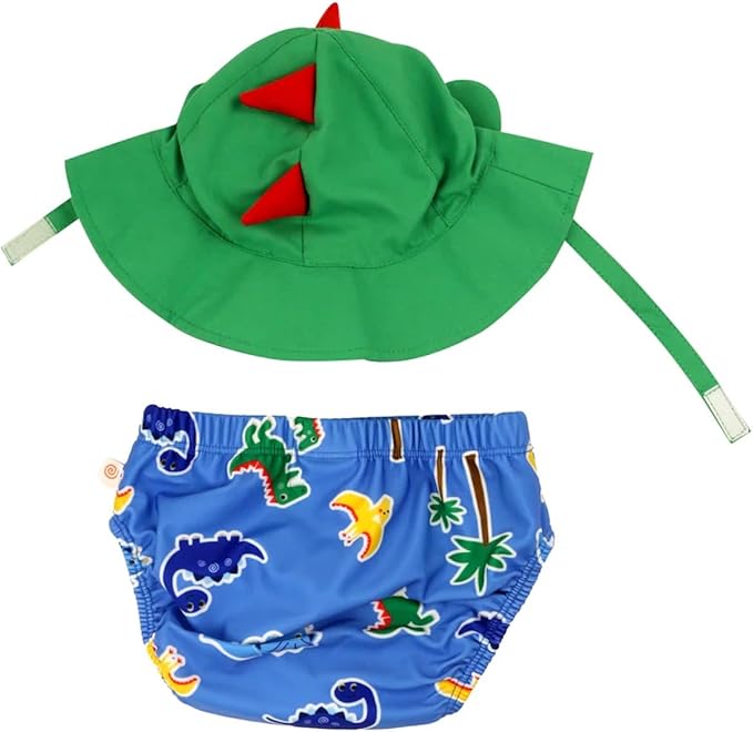 ZOOCCHINI Baby/Toddler Swim Diaper & Sun Hat Set, 6-12 Months, Devin the Dino & Friends