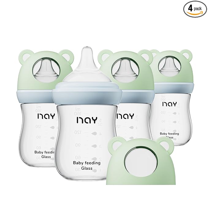 yanyoyo Natural Glass Baby Bottle for Breastfeeding Babies, 5.4oz Anti-Colic Baby Bottle with Natural Response Nipple(S), Clear, Wide Neck, 4 Pack, 1 Months+
