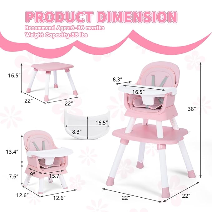 Kinder King 8 in 1 Baby High Chair, Coverts to Dining Booster Seat/Kids Table & Chair Set/Toddler Building Block Table/Kids Stool, Removable Tray & Double Seat Cover, Easy to Wipe, Pink & White
