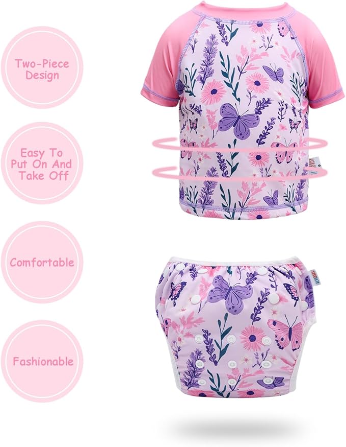 ALVABABY Baby Girl Swimsuit, 2-Piece Infant Toddler Bathing Short Sleeve Swimwear, Small Baby Reusable Swim Diaper with Matching Top