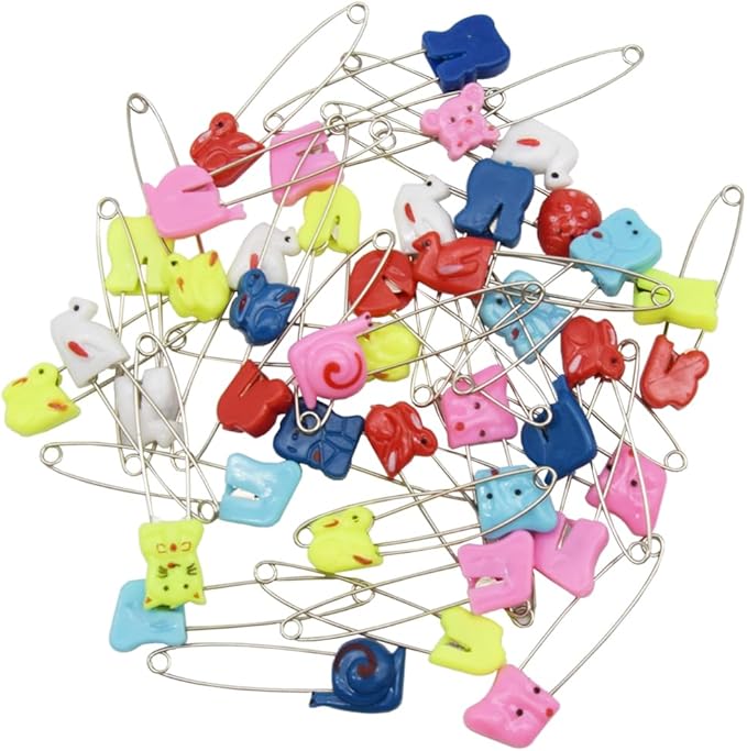 30 PCS Safety Pin Diaper Pin Stainless Steel Cloth Pins Plastic Head Cloth Diaper Pins with Locking Closures，Colour Random 54MM/2.2 Inch（Colour/Animals）