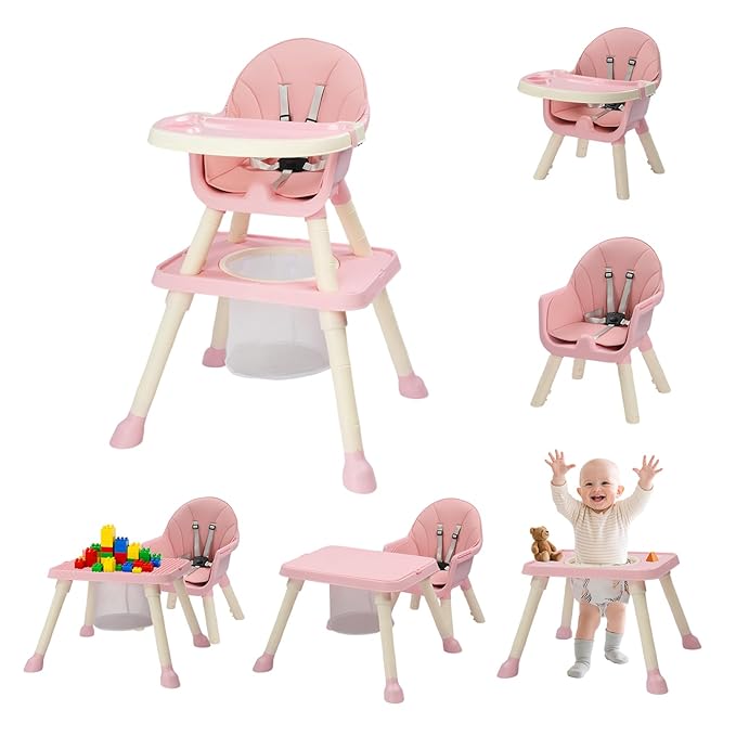 JOYMOR 7 in 1 High Chair for Babies and Toddlers, Convertible Kids Learning Table and Chair with Large Baske for Storage (Pink)