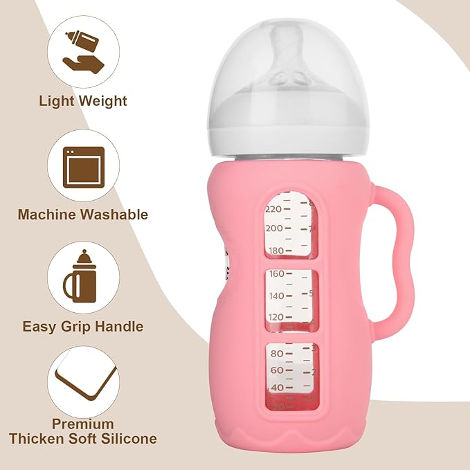 Silicone Sleeves with Handles for Avent Natural Glass Baby Bottle, Compatible with Philips Avent Anti Colic Baby Bottles 8 oz, Anti Breakage Baby Bottle Holder Cover, Sleeve Only, Pink
