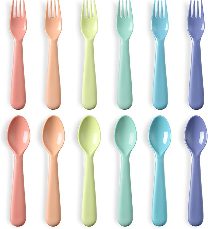 12 Pieces Toddler Utensils Set, Plastic Spoons and Forks Set for Kids, Children Safe Flatware, Dishwasher Safe, Plastic Reusable Cutlery, BPA Free, Macaron color